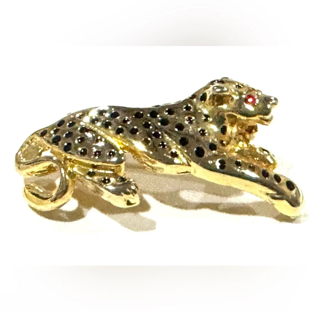 Vintage Gold and Black Leopard Brooch with Red Eyes
